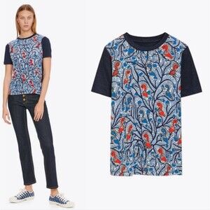 TORY BURCH Wild Thing 100% Silk Front 100% Linen T-Shirt L Large navy red bird